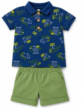 NWT Baby Essentials Toddler Boy 2 Piece Short Set 18 Months Blue Jungle Polo